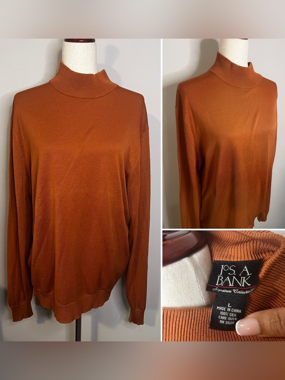 Jos. A. Bank Burnt Orange Silk Mock Neck Pullover-Large